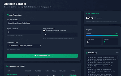 LinkedIn engagement capture interface